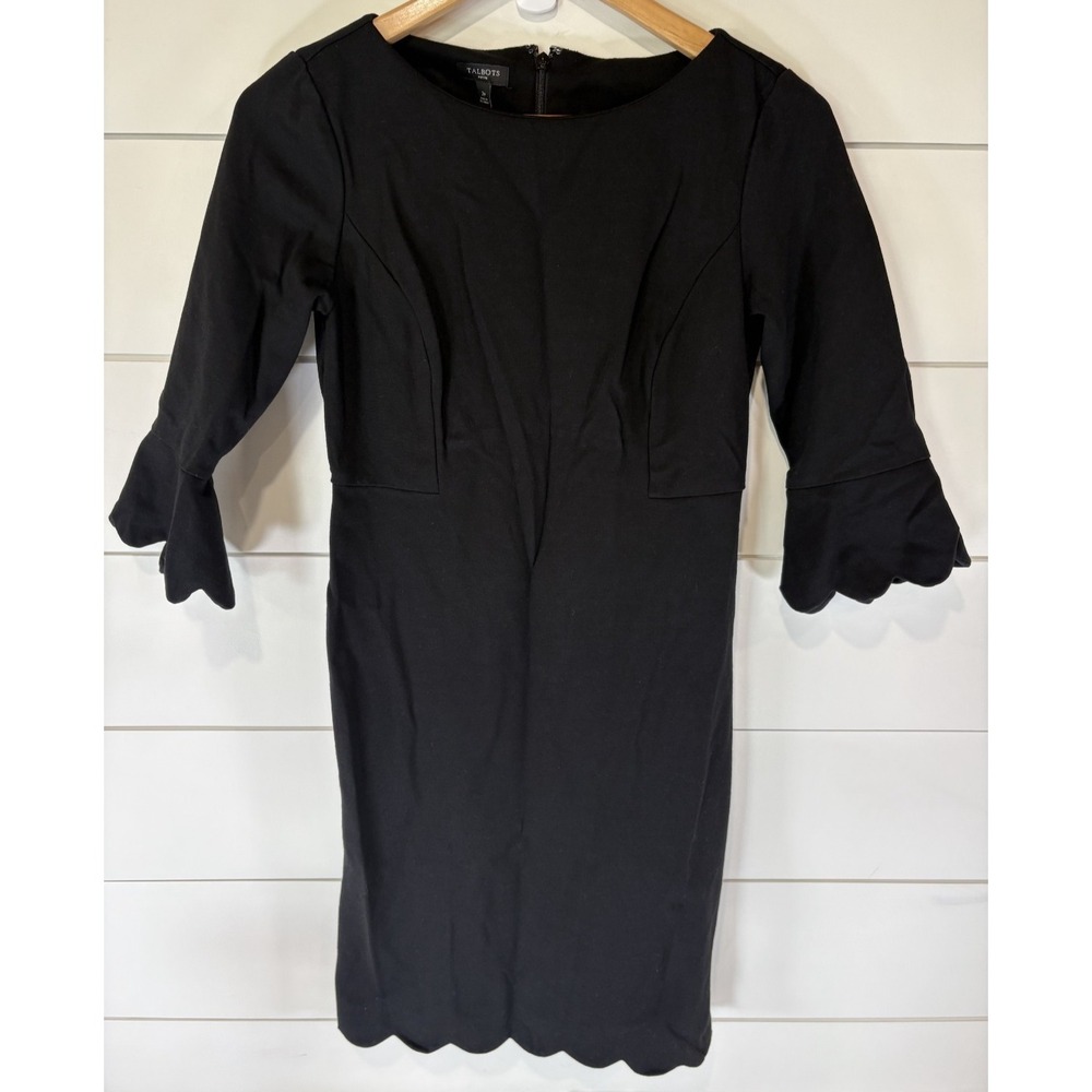 Talbots Dress Womens 2 Petite Black 3/4 Sleeve Midi Sheath Scallop Trim